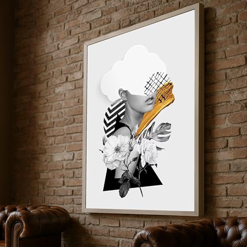 Peinture florale noir et blanc portrait de femme art contemporain 50x70 cm