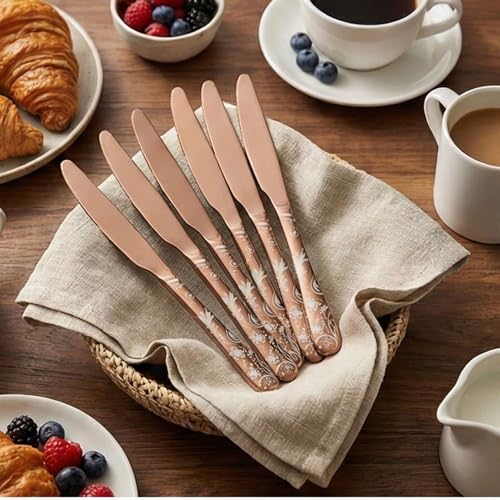Image of 9.1 inch Rosegold Dinner Knives With Floral Printed Handle | 5-Piece Premium Stainless Steel Flatware Set of Steak Knives | Elegant Dishwasher-Safe Cutlery for Home, Restaurants, and Gifting