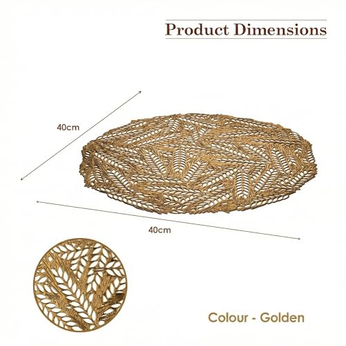 Image of Kuber Industries Leather Round Table Mats Set of 6 | Washable Placemat /Dining Table Mat for Wedding and Family Functions | Leaf Design - Golden