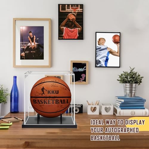 Image of KKU Basketball Display Case, Acrylic Clear Full Size Basketball Case with Solid Wood Base,UV Protected Basketball Display Stand for Autographed Standard NBA WNBA Ball Memorabilia Keepsake, Black