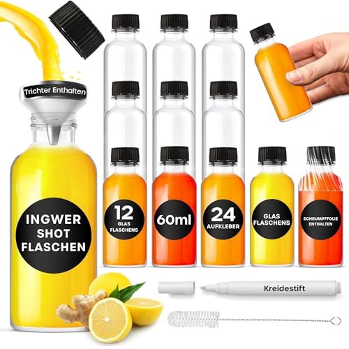 volila Shot Flaschen zum Befüllen - 12 x 60 ml Mini Glasflaschen - Kleine Flaschen zum Befüllen mit Saft Likör & Ingwer - Shotgläser mit Deckel Reinigungsbürste Stift Trichter & Etiketten