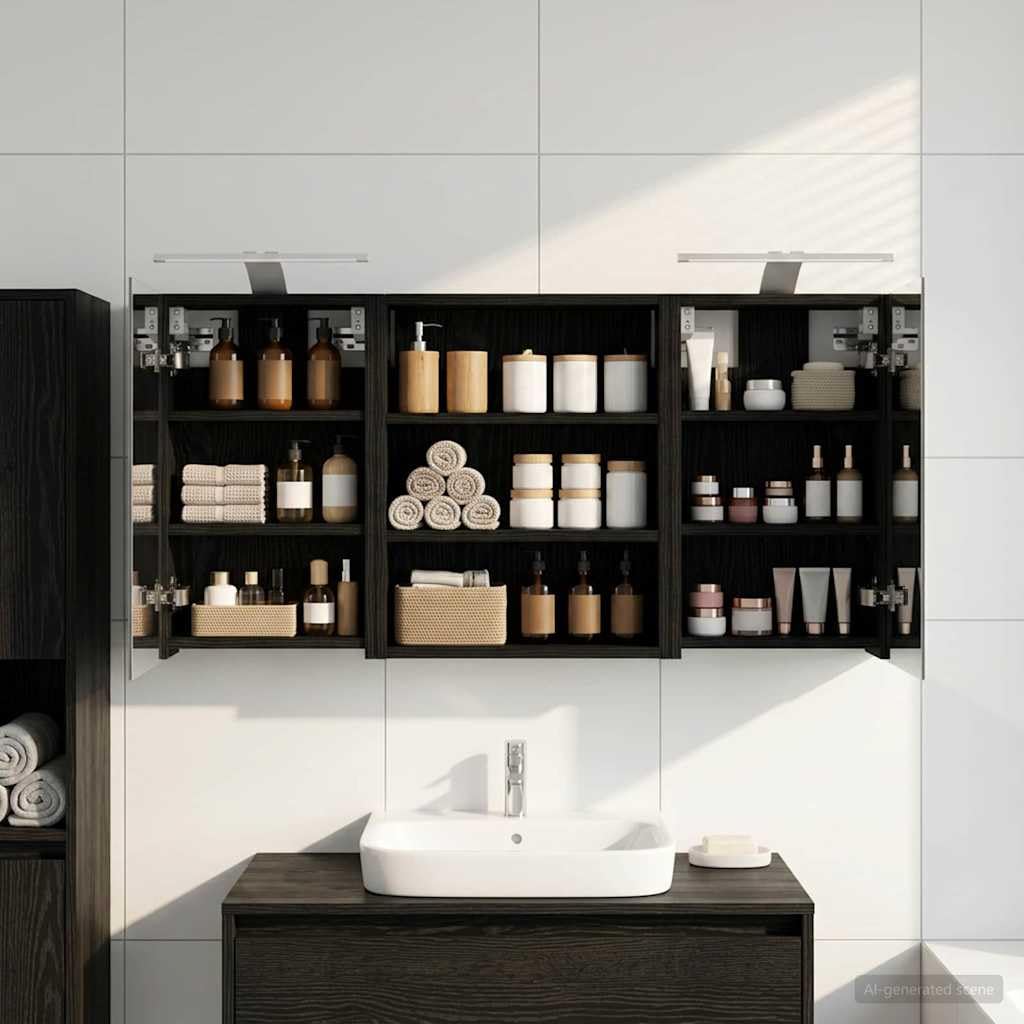 Set di 3 armadietti da bagno in legno, 100 x 10,5 x 50 cm, montaggio a parete con illuminazione a LED, specchio a due vie, vano portaoggetti, ante e ripiani per mobili da bagno