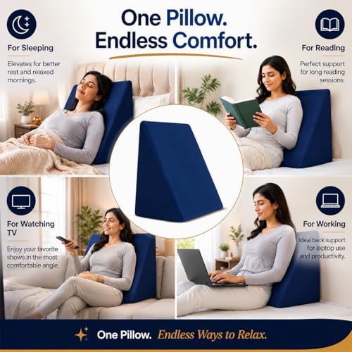 Image of Wedge Pillow for Bed | Back & Neck Support Pillow for Sleeping & Reading | Bed Wedge Pillow for Acid Reflux, Back Pain & Legs Elevation | Pregnancy Support Pillow with Comfortable Foam - Blue