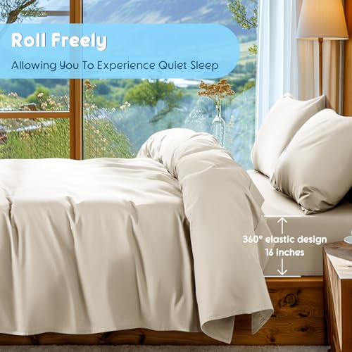 Image of SONORO KATE 1000 Series 100% Egyptian Cotton Queen Sheet Set,4 Pieces | Soft,Breathable Long Staple,Sateen Weave,Luxury 5-Star Hotel Bed Sheets,16 inch Deep Pocket,Cream