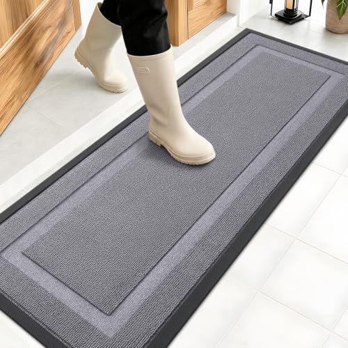 Image of OLANLY Front Door Mat Indoor Outdoor Entrance, Waterproof All-Season, All-Weather Doormat, Sturdy Natural Rubber, Low Profile, Easy Clean Patio Porch Entryway Mat, 47x17, Classic Gray
