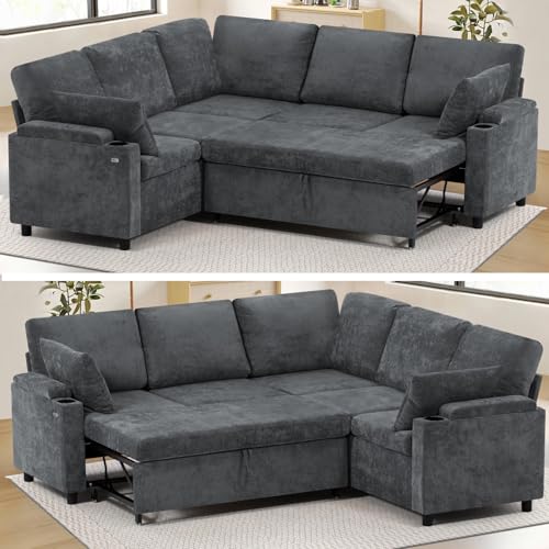 Image of 85 inch Chenille Sectional Sofa w /Pull Out Bed & Storage Space, Grey | Upholstery L Shaped Couch w /Cup Holders, Modern Corner Sofa w /USB Charging Port & Throw Pillow for Living Room