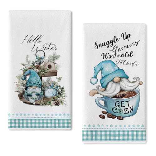 Seliem Hello Winter Gnome Joy Kitchen Dish Towel, Blue Buffalo Plaid Check Wood Tiered Tray It’s Cold Outside Tea Hand Drying Baking Cloth, Birdhouse Pine Cone Decor Christmas Home Decorations 18 x 26
