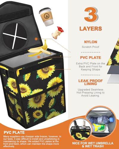 Image of Pritent Car Trash Can with Lid, Cute Leakproof Car Trash Garbage Bag Hanging Vehicle Trash Bin Small Portable Automotive Garbage Cans Organizer for Back /Front Seat /Console(2.8 Gallons,Sunflower)