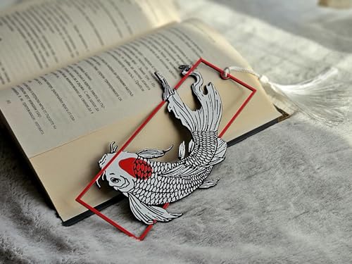 Image of 3D Koi Fish Bookmark | Japanese Inspired Art Bookmark | Bioplastic, Eco-Friendly | White & Red Koi with Tassel | Gift for Book Lovers & Readers | Unique 3D Effect