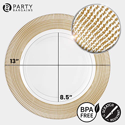 PARTY BARGAINS 13-Inch Charger Plates - 8 Pack, Clear Gold Textured Rim, Heavy-Duty Disposable Chargers for Elegant Dining - Ideal for Weddings and Formal Events
