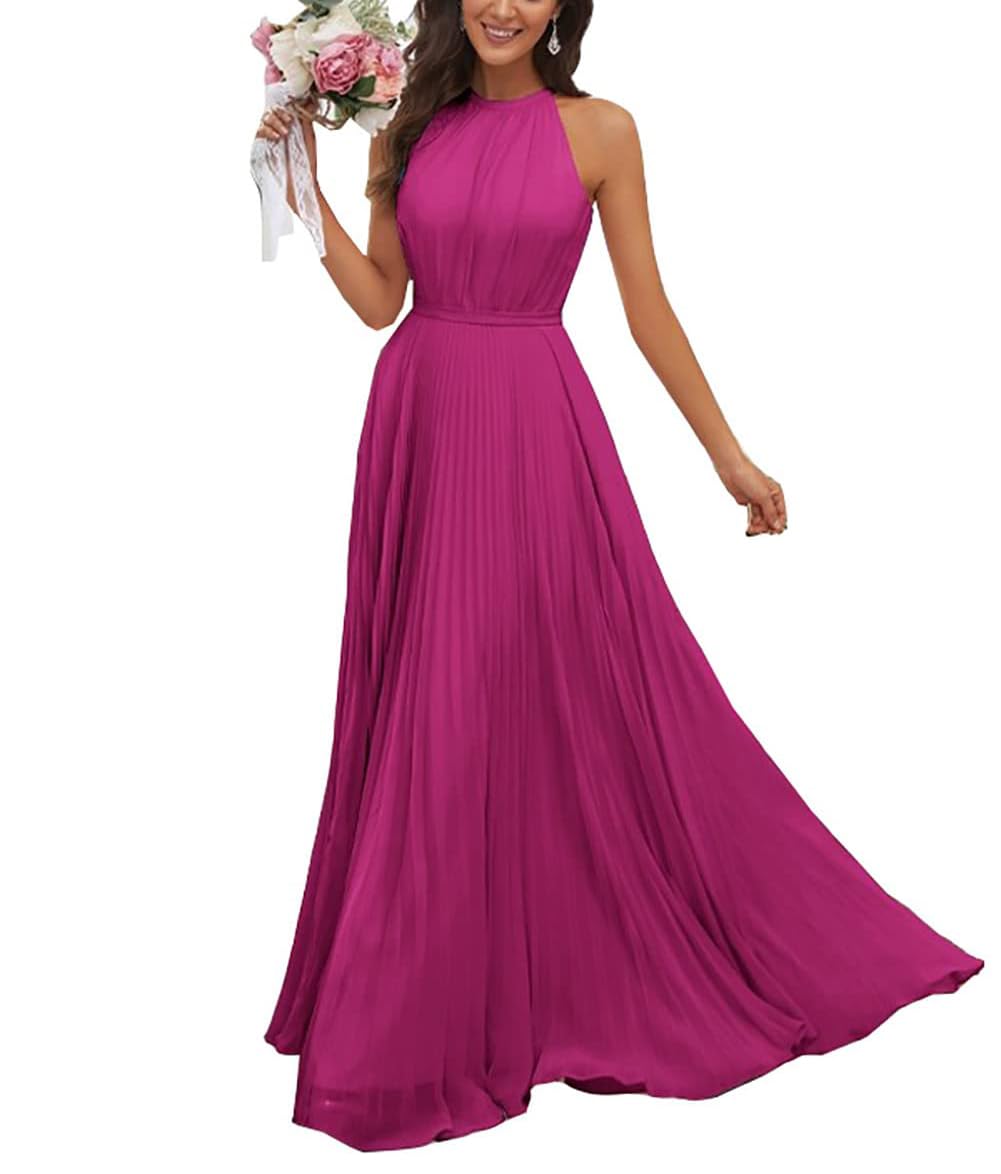JAEDEN Abendkleid Damen Lang Elegant für Hochzeit Neckholder Brautjungfernkleider Chiffon Festliches Party Kleid Fuchsie 44