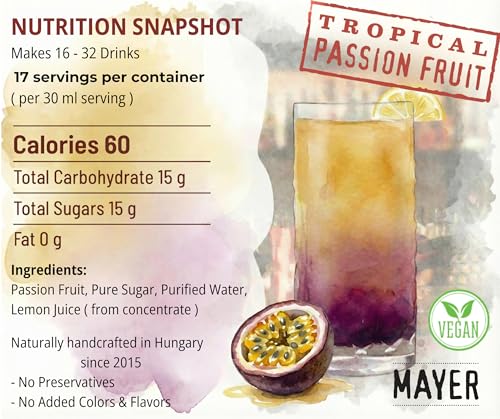 Image of Mayer Passion Fruit Syrup ( Cordial ), Award-Winning, Only Real Passion Fruit and 4 Natural Ingredients, Vegan, Gluten Free, Perfect for Cocktails, Lemonades, Coffee, Desserts - No Added Colors or Flavors, Rich Tropical Flavor ( 1 Pack )
