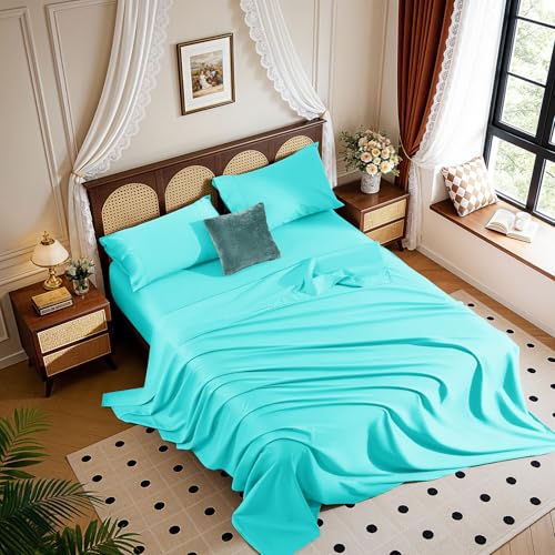 Image of 100% Egyptian Cotton Sheet Set 4 Pcs , 1200 TC, 16 inch Deep Pocket Sheet Queen | Long Staple Cotton Sheet, Soft and Breathable, 1 Fitted Sheet, 1 Flat Sheet, 2 Pillowcase Cozy for All Season, Lake Green
