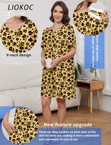 Image of Hospital Gowns for Women Open Back Tear Away Snap Post shoulder Dress Short Sleeve Soft Adaptive Clothing with Pockets