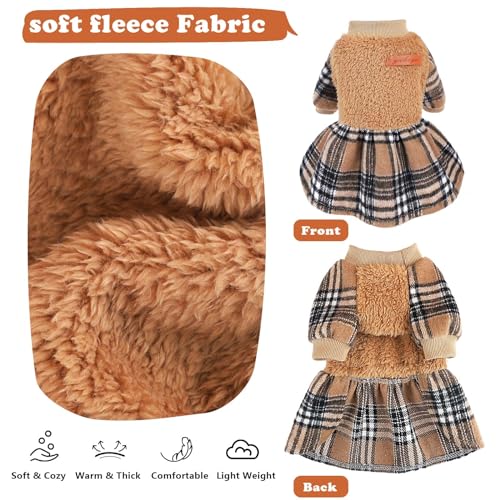 Image of Dog Sweater Dog Winter Clothes for Small Dogs Boy Girl Fall Puppy Dress Warm Fleece Chihuahua Yorkie Teacup Doggie Sweaters Dresses for Small Dogs Girl Cat Outfits, Brown Plaid, S
