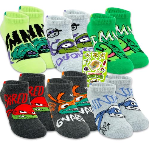 Teenage Mutant Ninja Turtles Socks for Boys Set - Bundle with 6 Pairs of No Show Socks Plus Stickers | TMNT Apparel Set (US Numeric 4 6 Regular Regular)