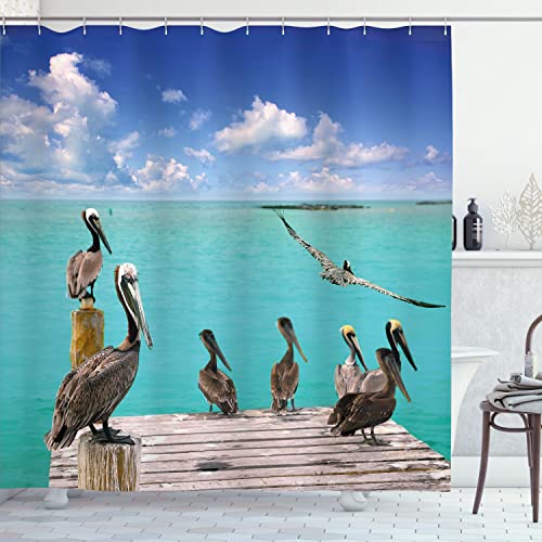 Ambesonne Landscape Shower Curtain, Tropical Sea View with Exotic Birds Pelicans Caribbean Beach Tranquil Photo, Cloth Fabric Bathroom Decor Set with Hooks, 69