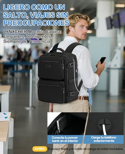 Mochila 40x30x20 viaje cabina avión de 24L para Ryanair y portátil negro 6