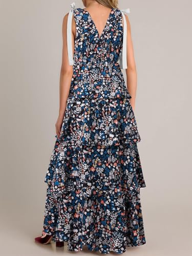 Image of Wenrine Womens Summer Floral Maxi Dress Tie Strap Sleeveless V Neck High Slit Boho Ruffle Tiered Beach Dresses