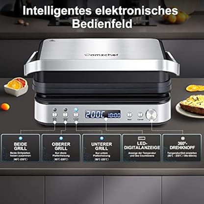 AMZCHEF 4-IN-1 Elektrogrill(Kontaktgrill, Griddle, Waffeleisen, Sandwichmaker)2000W mit 4 antihaftbeschichteten abnehmbaren Platten und frei einstellbarer Zeit- und unabhängiger Temperaturkontrolle – Bild 5