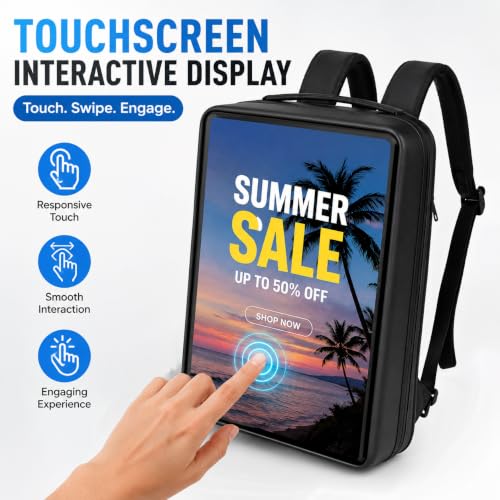 Image of 21.5 Inch Touchscreen Advertising Backpack, 1000nits High Brightness LCD Screen Backpack, IP65 Waterproof Digital Signage Backpack with USB /App /CMS Input for Auto Playback, Split Screen, Android 11OS