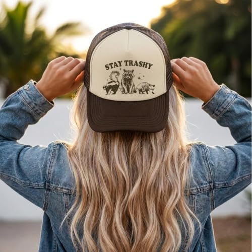 Image of Stay Trashy Funny Raccoon Graphic Classic 5 Panel Mesh Snap Back Trucker Hat