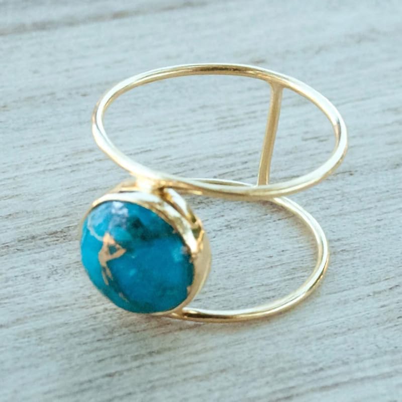 14K Gold Plated Statement Ring for Women Simulated Blue Turquoise Boho Simple Minimalist Jewelry 925 Silver Plated Gem Women's Ring Bohemian Jewelry Handmade Simple Ring G-8# - Image 4