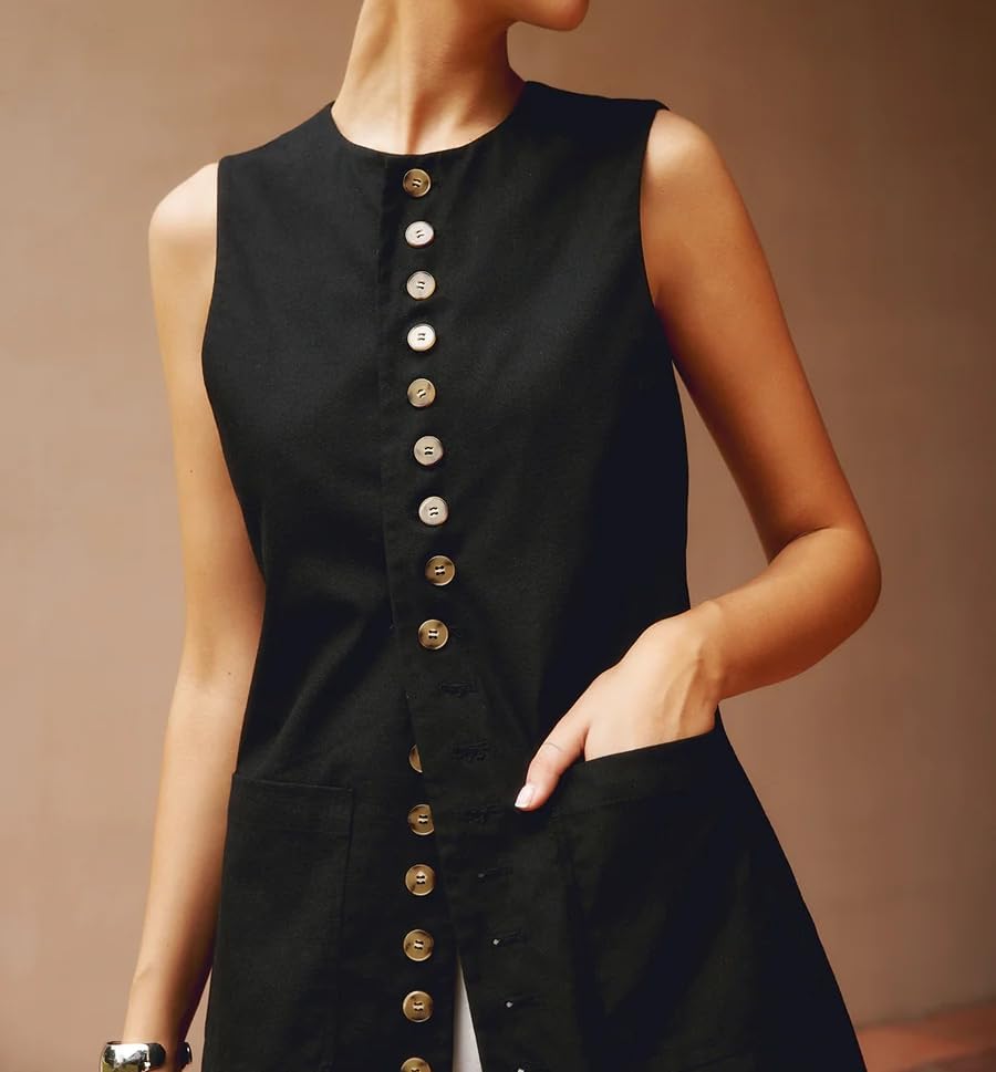 Women Cotton Linen Vest Summer Long Lightweight Button Down Sleeveless Casual Tank Tops with Drawstring - Image 4