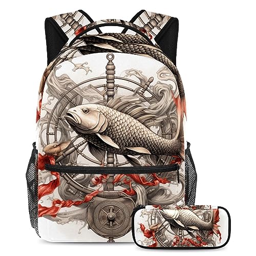 Sac à dos poisson et fleurs grand cartable voyage ados avec trousse