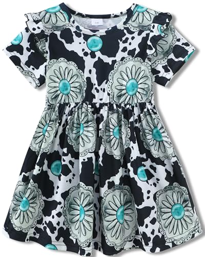 Toddler Girls Cute Print Summer Dresses Little Girl Ruffle Sleeve Twirly Swing Kids Dress with Pockets