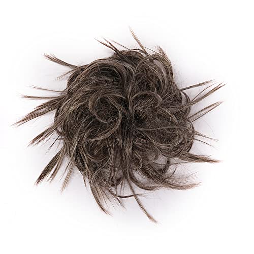 Gx Beauty Tousled Updo Messy Bun Hair Piece With Elastic Rubber Band Extensions Hairpiece Synthetic Hair Extensions Scrunchies Updo Hairpiece for Women Daily Use (Mixed Grayish Brown#)