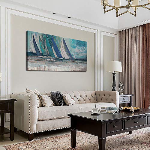 Arjun Blue Abstract Wall Art Canvas for Living Room Teal Ocean Sailboat Textured Bedroom Picture Modern Turquoise Coastal Nautical Painting Framed Artwork Home Office Wall Decor, Extra Large 58"x29" - Image 5