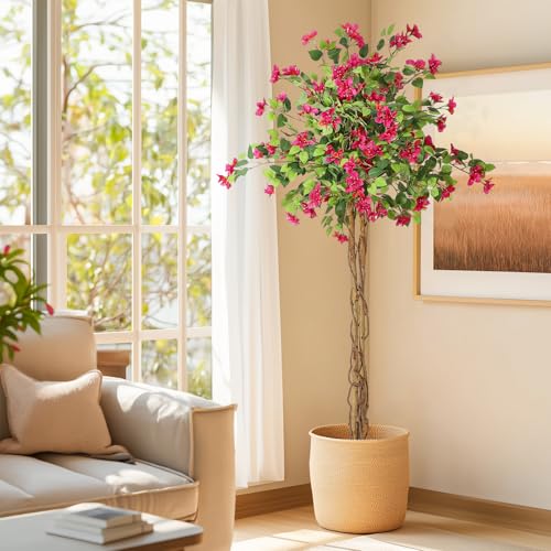 GarveeHome 6FT Artificial Bougainvillea Tree, Tall Potted Fake Tree Indoor, Faux Tree with Wood Trunk and Pink Flowers for Outdoor
