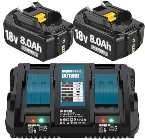 Hohe Kapazität 18V 8.0Ah/8000mAh Verbesserte 2X Ersatzakku für BL1860B + Dual Port 6A Ladegerät...
