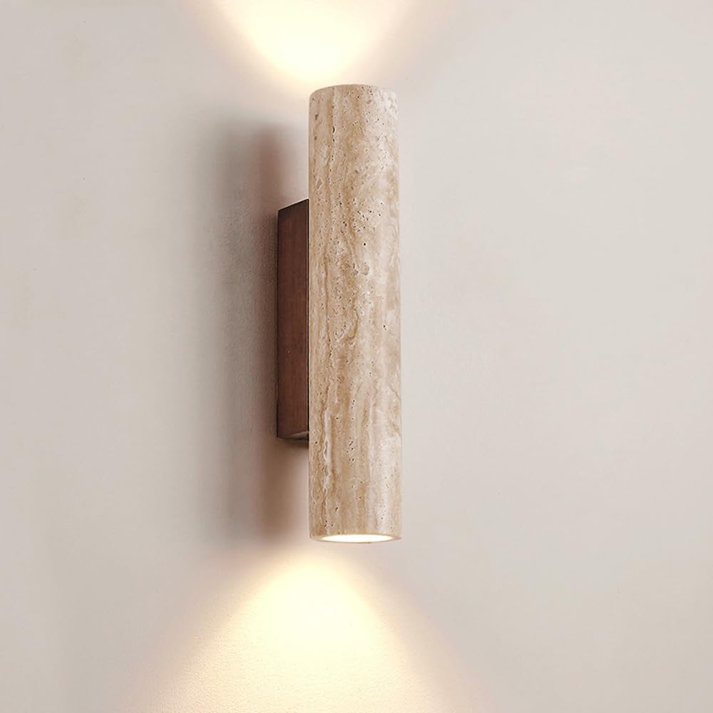 Applique murale longue linéaire en marbre moderne à double cylindre de lumière pour intérieur, barre d'éclairage murale en bois vintage du milieu du siècle, lampe murale en pierre pour chambre