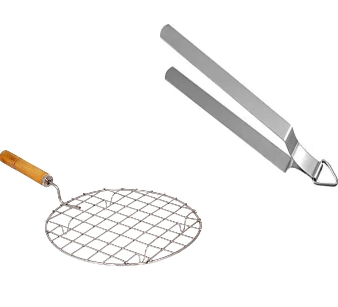 Wire Round Wooden Handle Roaster with Chimta Steel Cooking Tong Roti Chapati Jali Roaster Kitchen Tool Combo Set