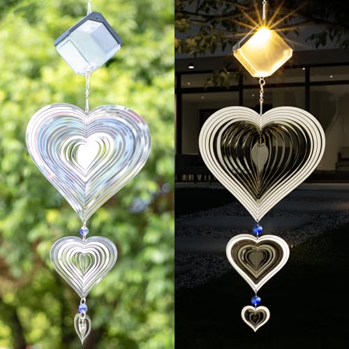 Wind Spinners Outdoor with Solar Light for Yard Decorations, 3D Heart Shape, 25 Inch, Stainless Steel Reflective for Yard, Wind Spinners Outdoor Hanging