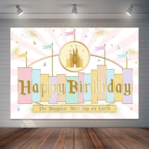 Joliaco Telón de fondo de cumpleaños con diseño de castillo de princesa, rayas arcoíris pastel, fondo mágico de cumpleaños, purpurina dorada, feliz cumpleaños en la tierra, decoración de mesa de
