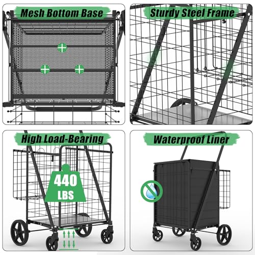 Robuster, faltbarer Einkaufswagen mit 360° drehbaren Rädern, wasserdichte Tasche, Jumbo-Allzweckwagen für Lebensmittel, Wäsche, hält bis zu 200 kg, 37,5 Gallonen – Bild 4