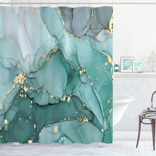 BayNook Turquoise Marble Shower Curtain, Teal Modern Abstract Fabric Shower Curtains for Bathroom, Luxury Art Ink Texture Watercolor Aqua Shower Curtain Set with Hooks 72x72