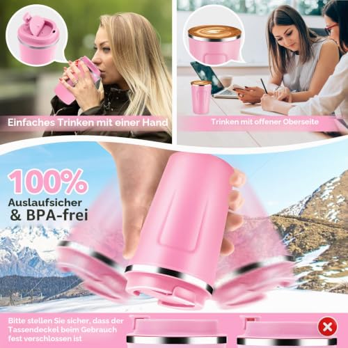 Volhoply 360ml doppelwandiger vakuumisolierter Reise-Thermobecher, 18/8 (304) Edelstahl-Kaffeebecher to go mit Klappdeckel… – Ansicht 6