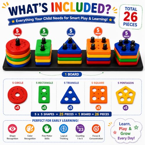 Image of PLUSPOINT Shape Stacking Board Toy, 26-Piece Montessori Shape Sorting Puzzle, Educational Learning Toy for Kids, Color & Shape Recognition, Counting, Fine Motor Skills, Hand-Eye Coordination