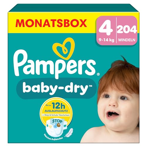 Pampers Baby-Dry Größe 4, 204 Windeln, 9kg-14kg, Bis zu 100%...