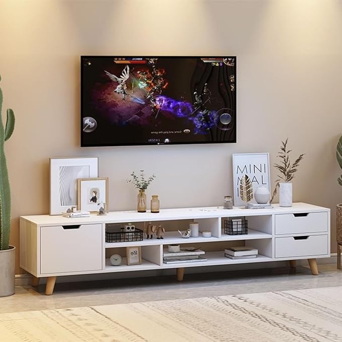 C&C HOME Modern White TV Stand Large TV Stand Shelves Living Room Entertainment Center Wood Media Console Table with Storage and 4 Drawers 140x30x38cm (White)