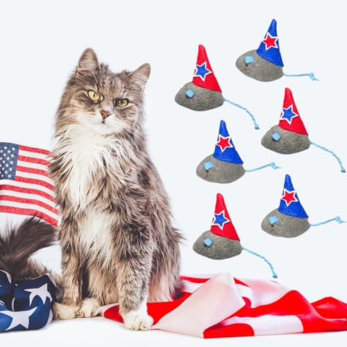 Haourlife 6-Pack Catnip Mouse Toys with Red & Blue Star Hats