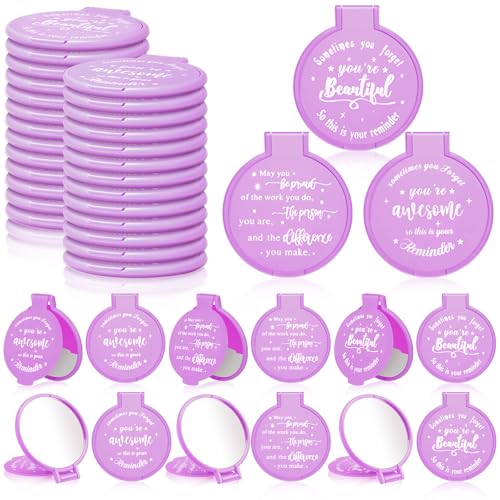 Wenqik 64 Pcs Inspirational Gifts Bulk for Women, Small Pocket Compact Mirrors Bulk with Positive Saying, Motivational Appreciation Gift for Employee Staff Coworker Women's Birthday Party (Purple)