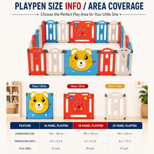 Image of 16 panel Playpen for Babies 0 to 5 year with Mat and Balls Foldable Baby Play Area Indoor Setup Play Yard Fence for Toddlers Kids Playarea Setup Outdoor Children Play Pen with Gate Baby Playpen (4.9 x 6.2 ft=31 SQFT, Multicolor)