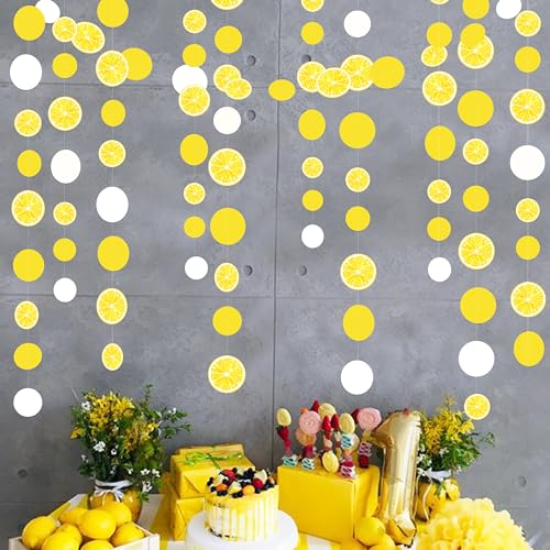 Image of 63 Ft Lemon Party Decorations Yellow White Circle Dots Garland Polka Dot Hanging Paper Streamer for Lemon Themed Wedding Bridal Shower Engagement Bachelorette Baby Shower Birthday Party Supplies