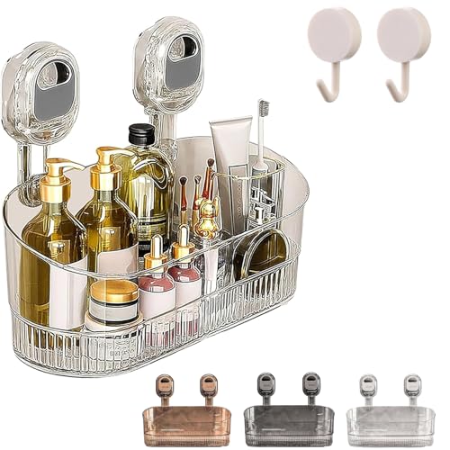 No Drill Bathroom Suction Storage Box 2026 New Bathroom Suction Storage Box Removable Hanging Suction Cup Holder for Bathroom Shower Caddy Home Organization Easy to Install (Transparent)