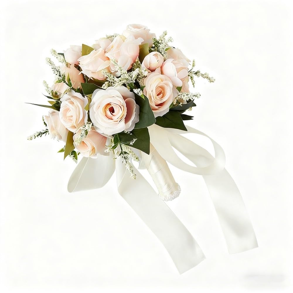 Huffa Peachpowder[Stableinstock] Simulated Rose Bridal Bouquet - Elegant Floral Arrangement For Western Weddings(Peachpowder[Stableinstock])